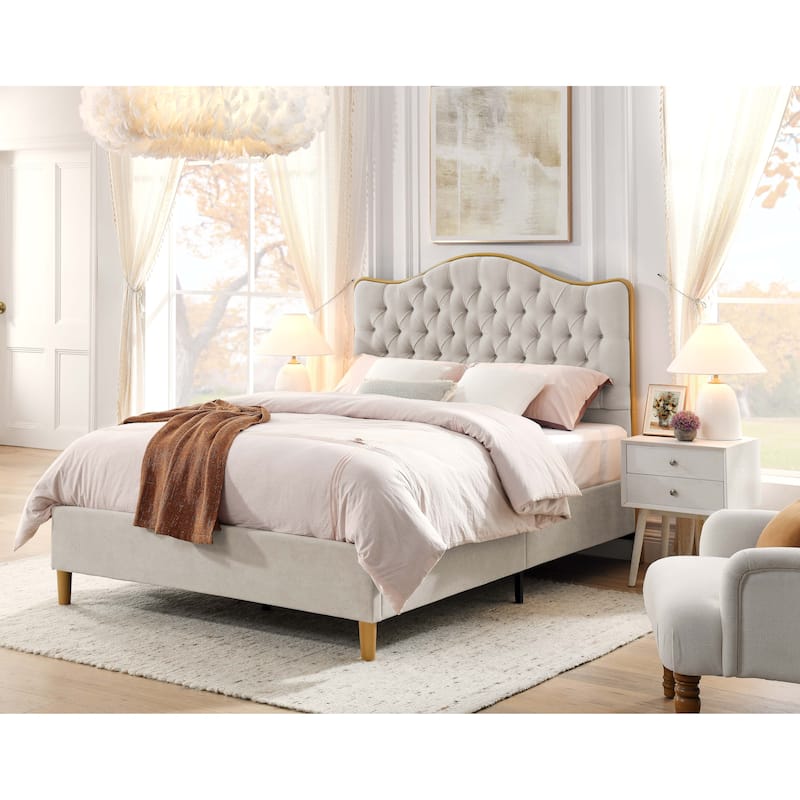 Upholstered Queen Bed Frame with Tufted Headboard and Wooden Legs - khaki