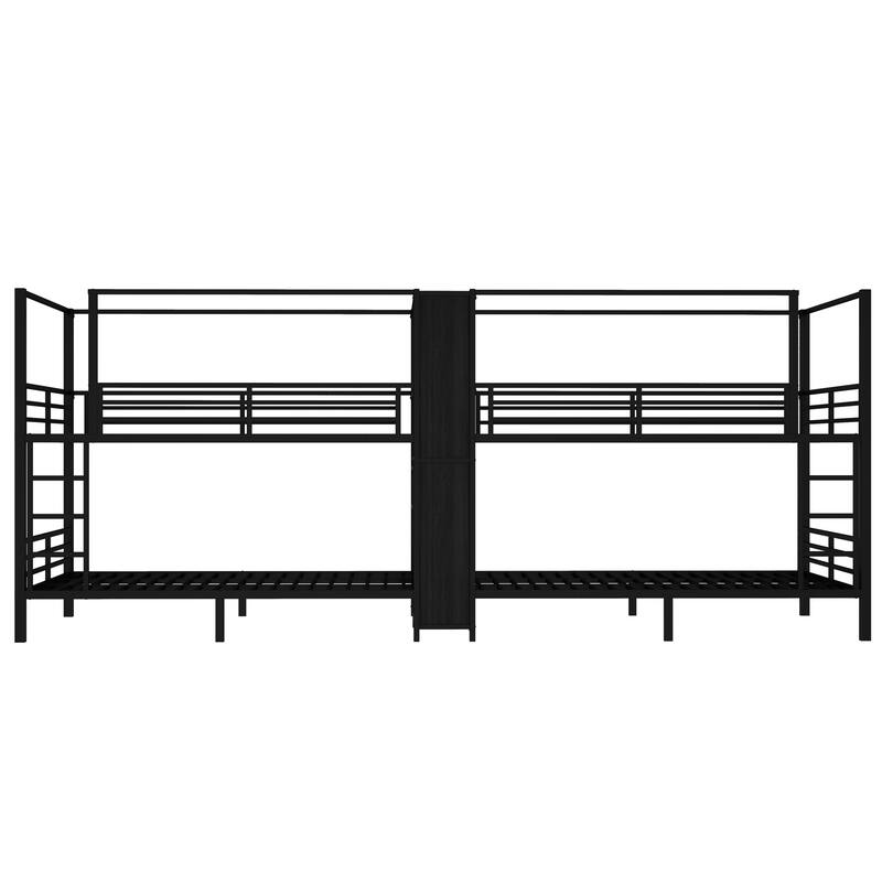 Roomfitters Twin/Full/Queen Quadruple Metal Bunk Bed with Built-in Storage Shelves & Wardrobe, Sturdy Noise-Reduced Frame, Black