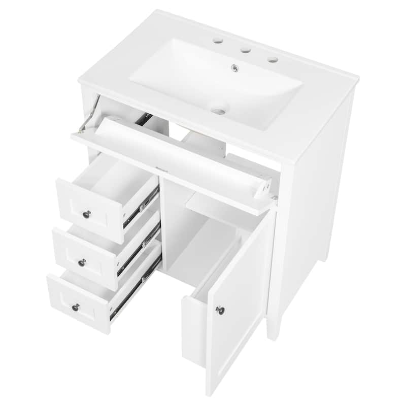 30-Inch Bathroom Vanity with Sink, Modern MDF and Rubberwood Cabinet with 3 Drawers and Adjustable Shelf, Freestanding