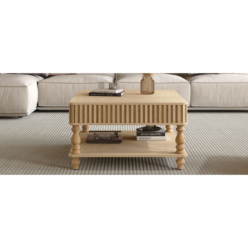31.5 Inch Square Fluted Lift-Top Coffee Table with Hidden & Open Storage, Hydraulic Raising Mechanism, Retro Solid Wood Legs