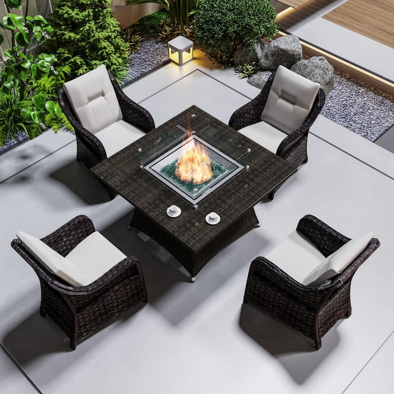 Modern Outdoor Square Fire Pit Table Set with 4 Dining Chairs