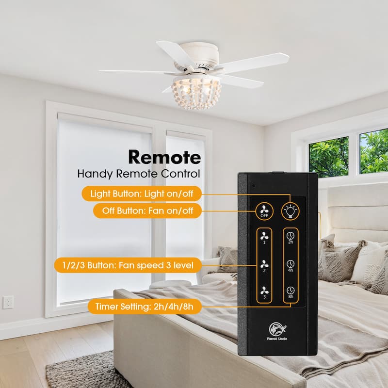 48" White Coastal Bohemian Wooden Bead Flush Mount Ceiling Fan with Light and Remote