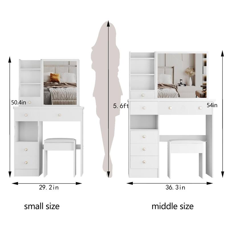 29.2" Small Space Left Drawer Desktop Vanity Table + Cushioned Stool, Extra Large Right sliding mirror