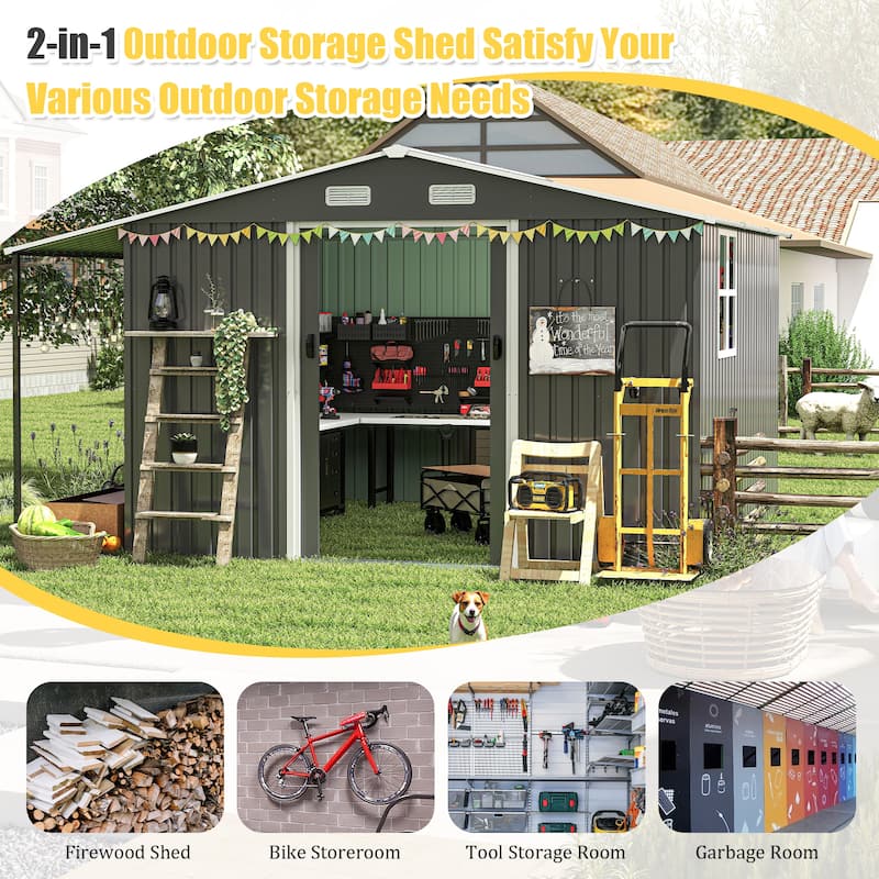 10x12 Ft Outdoor Storage Shed, Extra Large Metal Shed with Lockable Doors, Windows, Outside Steel Tiny House Ideal
