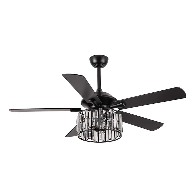 52" Matte Black Industrial Crystal Caged Downrod Mount Ceiling Fan with Remote and Light