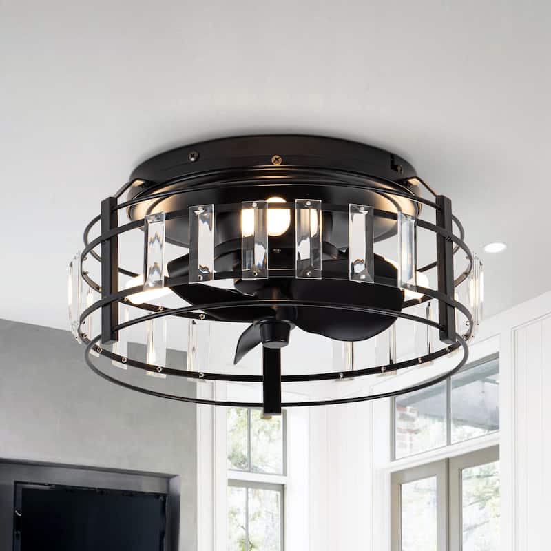 13-inch Matte Black Industrial Bladeless Fandelier Flush Mount Ceiling Fan with Remote