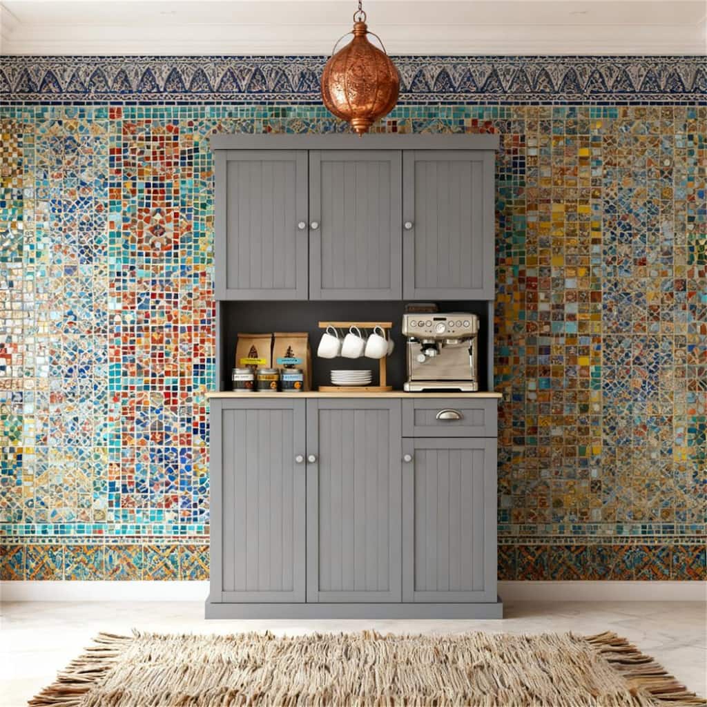 Kitchen Pantry Storage Cabinet with Microwave Oven Countertop, Drawer