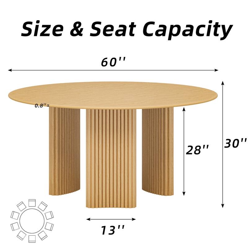 Modern Round Dining Table with Striped Column Legs Solid Wood Kitchen Table Anti-Scratch Footpads