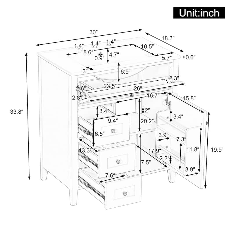 30-Inch Bathroom Vanity with Sink, Modern MDF and Rubberwood Cabinet with 3 Drawers and Adjustable Shelf, Freestanding