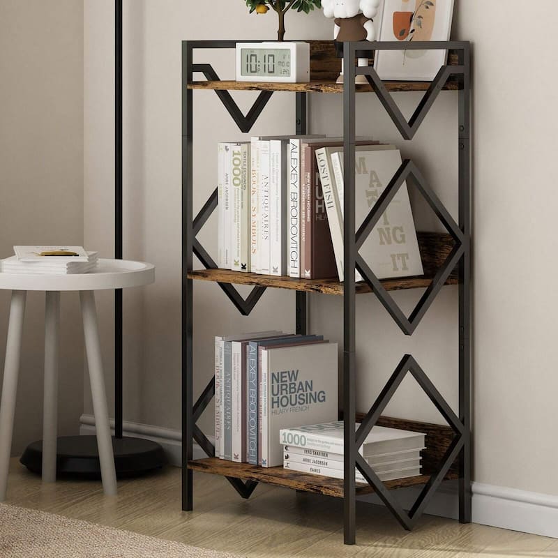 3 Tier Small Black Bookcase Wood and Steel Storage Shelf Space Saving Display Rack for Living Room Bedroom Office