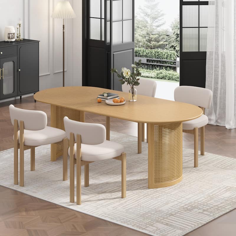 Oval Dining Table with Arc-Shaped Edge Top and Rattan Woven Base Modern Farmhouse Kitchen Table for Living Room Dining Room