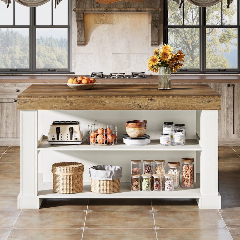 55-Inch Stationary Kitchen Island with Storage Shelves and Large Worktop, Farmhouse Style, Light Brown