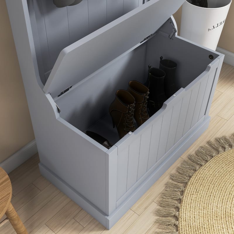Multifunctional Hall Tree with Storage Bench, Coat Hooks & Shoe Storage MDF Wood Steel Hardware - 28.25" W x 15.5" D x 67" H