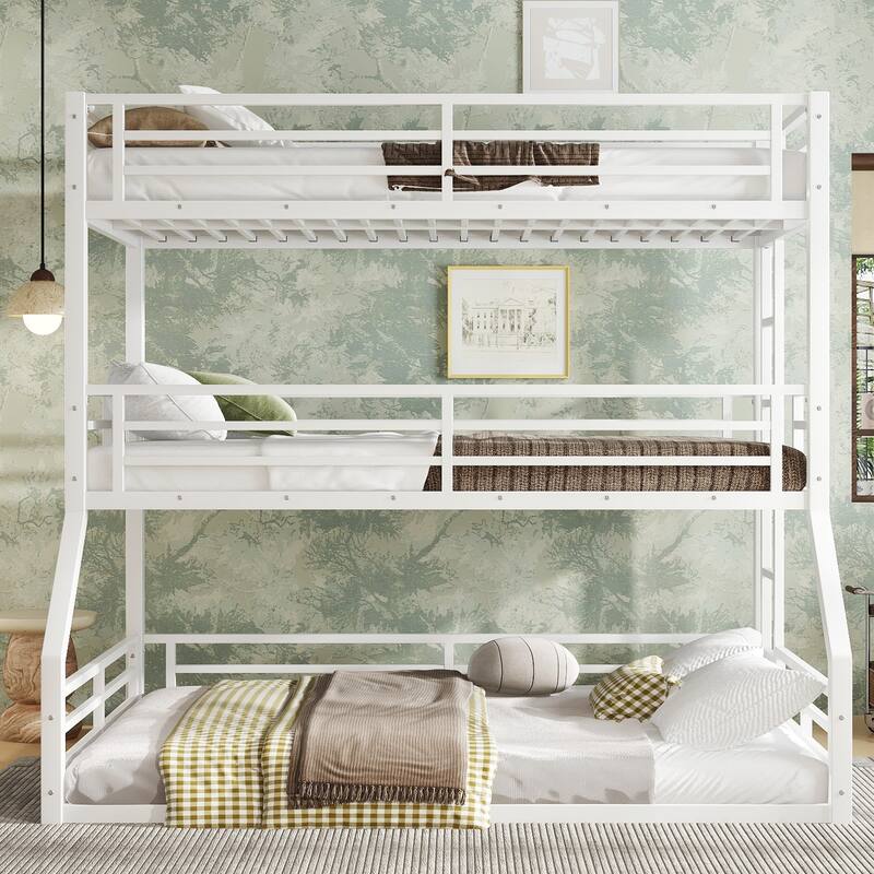 Roomfitters Twin over Twin over Full Metal Triple Bunk Bed with Safety Guardrails, Heavy-Duty Noise-Reduced Frame