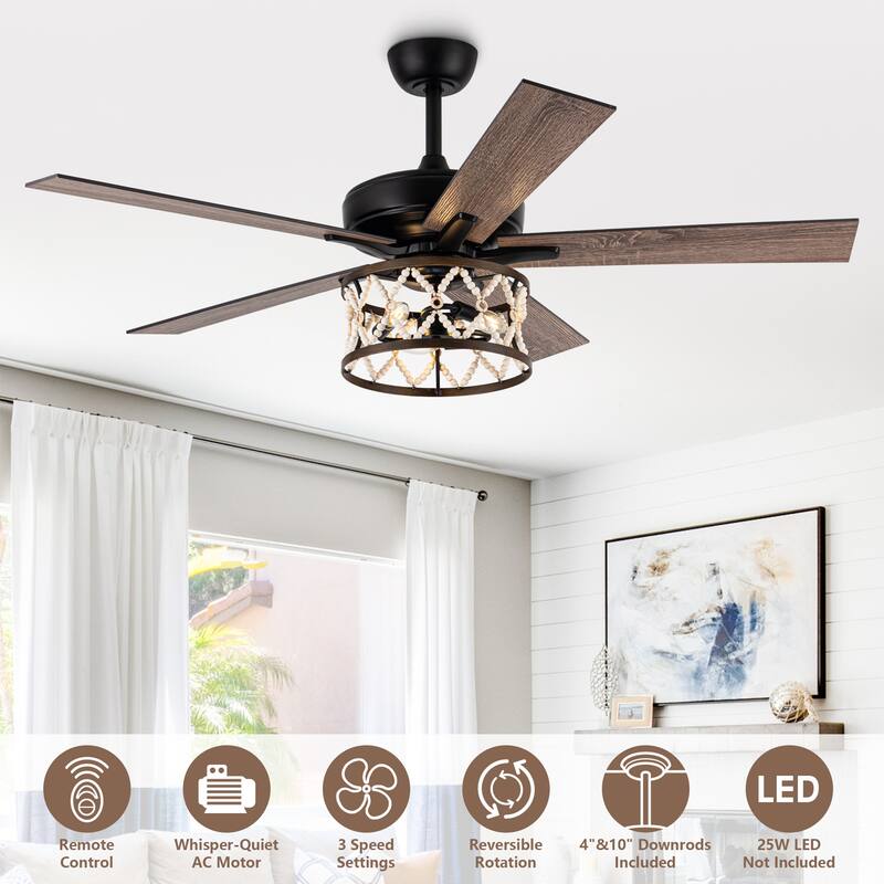 52" Bohemian Black Ceiling Fan with Wood Beaded Light Kit and Remote Control - 52 in. D x 52 in. W x 18.2 in. H