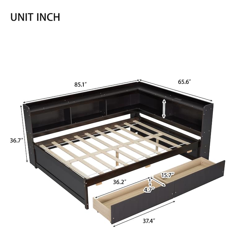 Full Size Bed with L-Shaped Bookcases, Power Outlets, USB Ports and 2 Storage Drawers