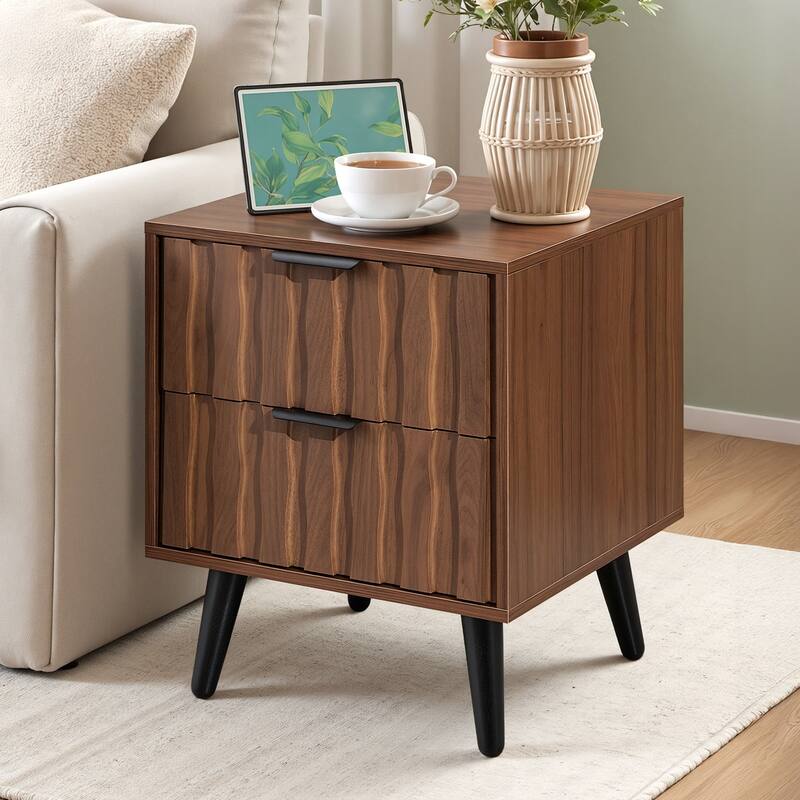 Mid-Century Modern Nightstand, Fluted End Table Drawer & Open Storage