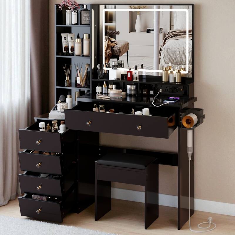 41" Vanity Table Set with Touch LED Mirror (3-Color), 2 AC + 2 USB Power Station, Hair Dryer Stand, Stool