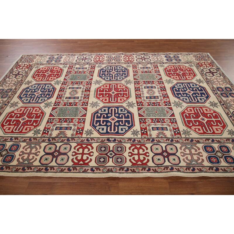 Hand Knotted Oriental 100% Wool Carpet Traditional All-Over Beige & Ivories Kazak Area Rug - 9' 7'' X 6' 6''