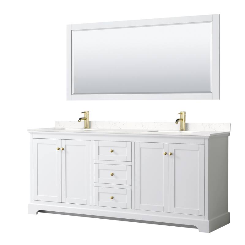 Wyndham Collection Avery 80" Free Standing Double Basin Vanity Set - White / Carrara Cultured Marble Top / Brushed Gold