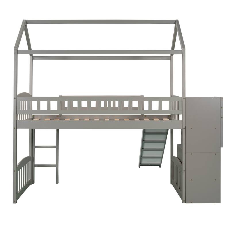 Twin Loft Bed with Two Drawers and Slide, House Bed with Slide