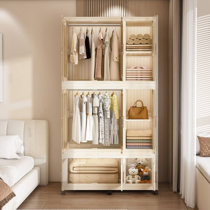 Portable Closet Wardrobe for Renters Students Travelers, Folding Armoire Clothes Cabinet with 9 Cubes & 2 Hanging Rods