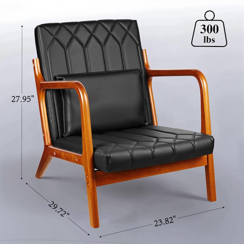 VECELO Mid Century Black PU Leather Accent Chair Lounge Chair with Removable Pillows Wooden Arms 300 lb Capacity for Living Room
