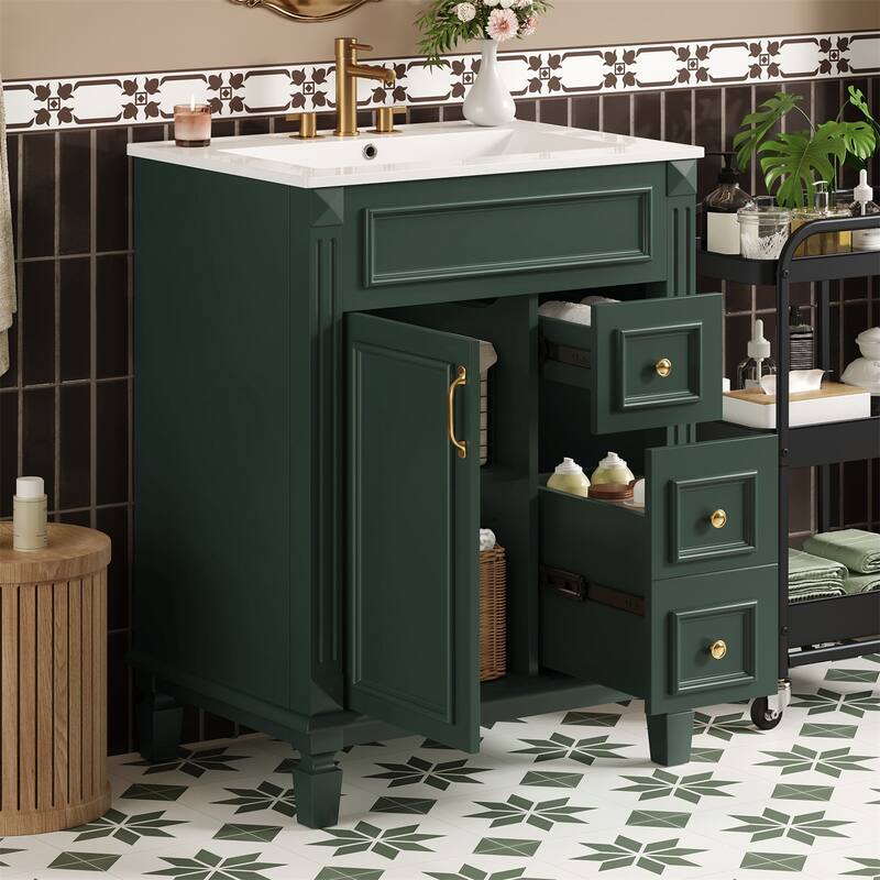 24" Bathroom Vanity with Ceramic Sink and 2 Drawers, Adjustable Shelf - Green