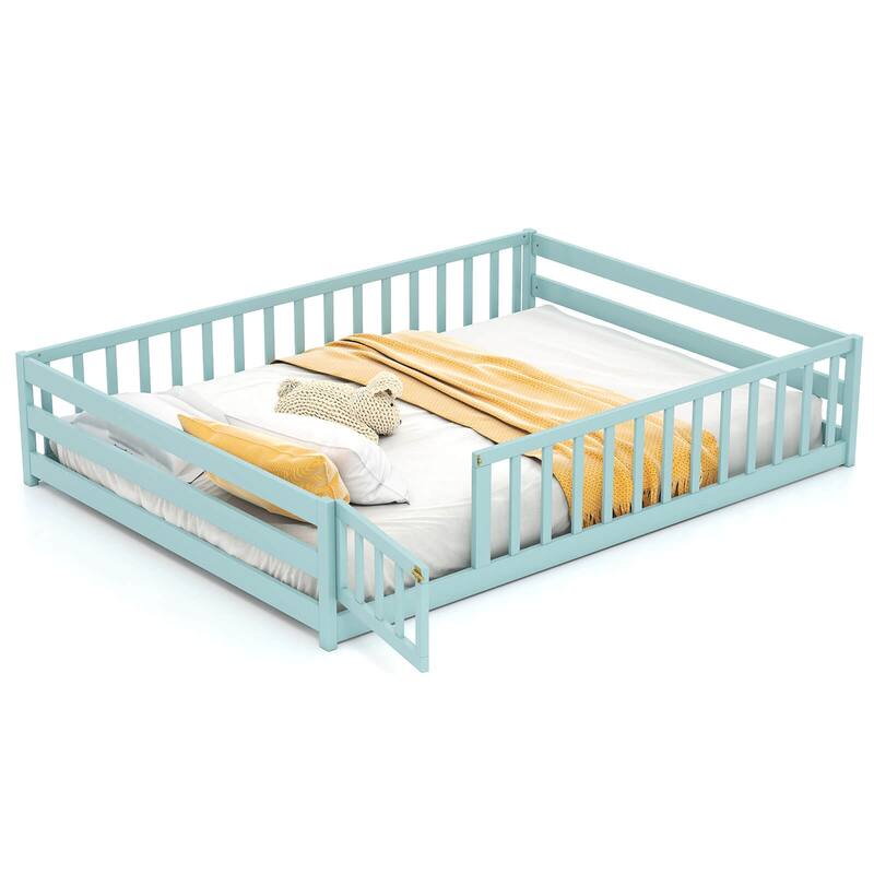 Costway Full Size Floor Bed with Full Length Safety Guardrails & Door - Icy Aqua