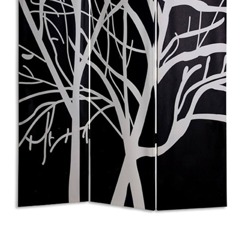 3 Panel Canvas Room Divider with Branch Pattern, Black and White