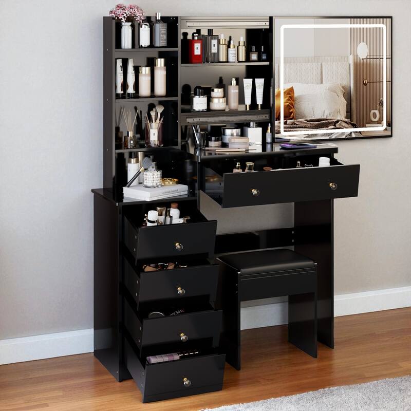 37" Vanity Table with Sliding LED Mirror, Stool, 2 AC & 2 USB Ports, Hair Dryer Stand, Touch Light