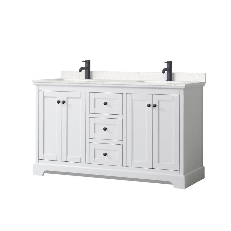 Wyndham Collection Avery 60" Free Standing Double Basin Vanity Set - White / Carrara Cultured Marble Top / Matte Black