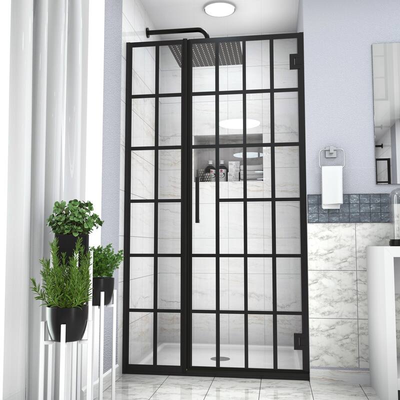 Pivot Framed Shower Door with Tempered Glass in Matte Black - 34'' x 0.4'' x 72''