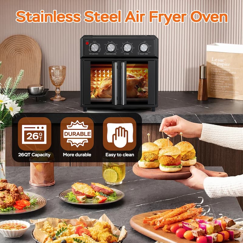 26QT Extra-Large French Double-Door Air Fryer Convection Toaster Oven, 1700W, 7 Preset Menus, 7-in-1 Multi-Function