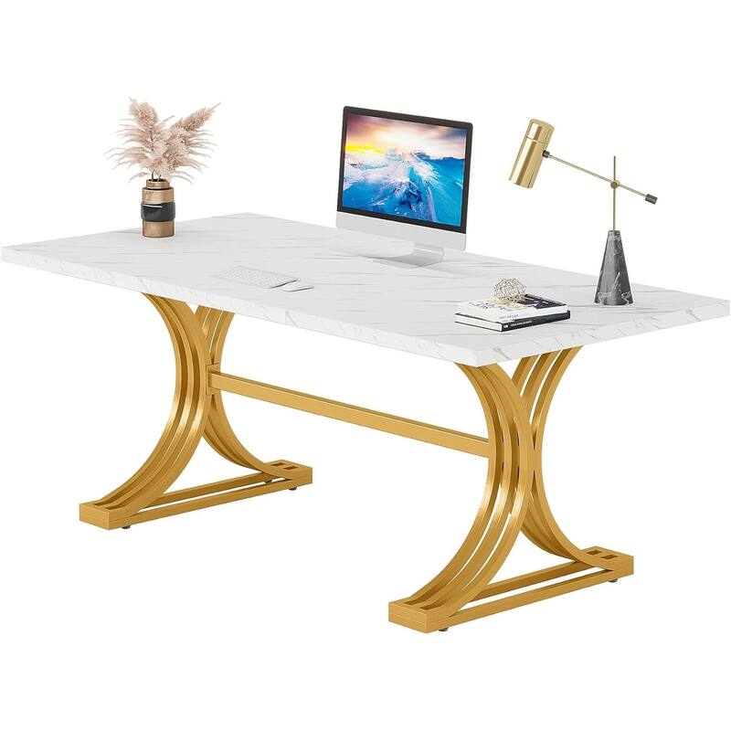 63" Large Rectangular Executive Desk, Wood Faux Marble Table, Business Computer Desk for Home Office