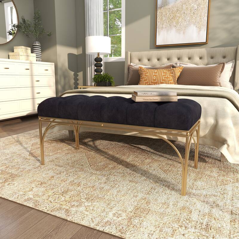 White, Black or Gray Velvet Tufted Home Bench with Gold Metal Legs