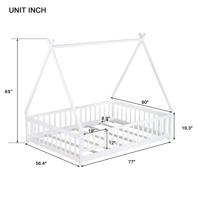 Full Size Rubber Wood Teepee Floor Bed with Guardrails, Slats and Door for Kids Bedroom