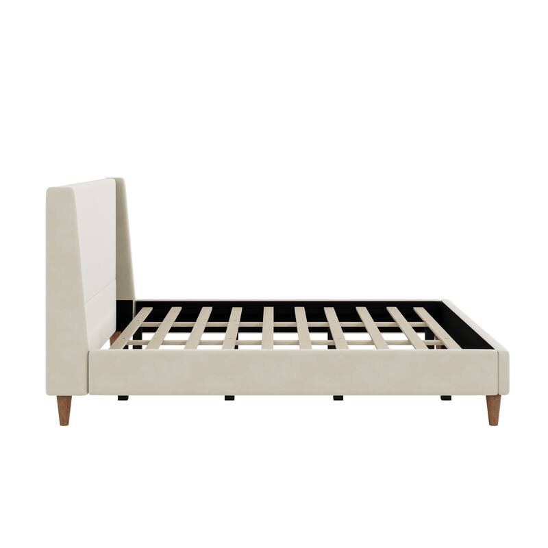 Upholstered Platform Bed with Wingback Headboard and Round Wooden Legs, Skin-friendly Upholstered Low-Profile Bed Frame