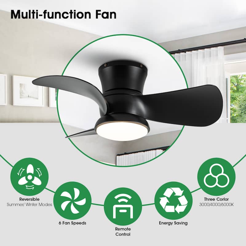 31-inch Modern Black Propeller Flush Mount Ceiling Fan with Light and Remote
