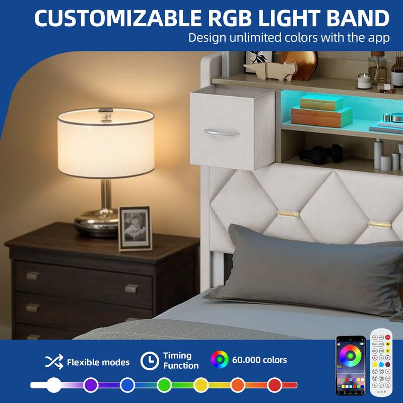 Moasis Upholstered Bed Frame with Storage Headboard And Charging Station and LED Light