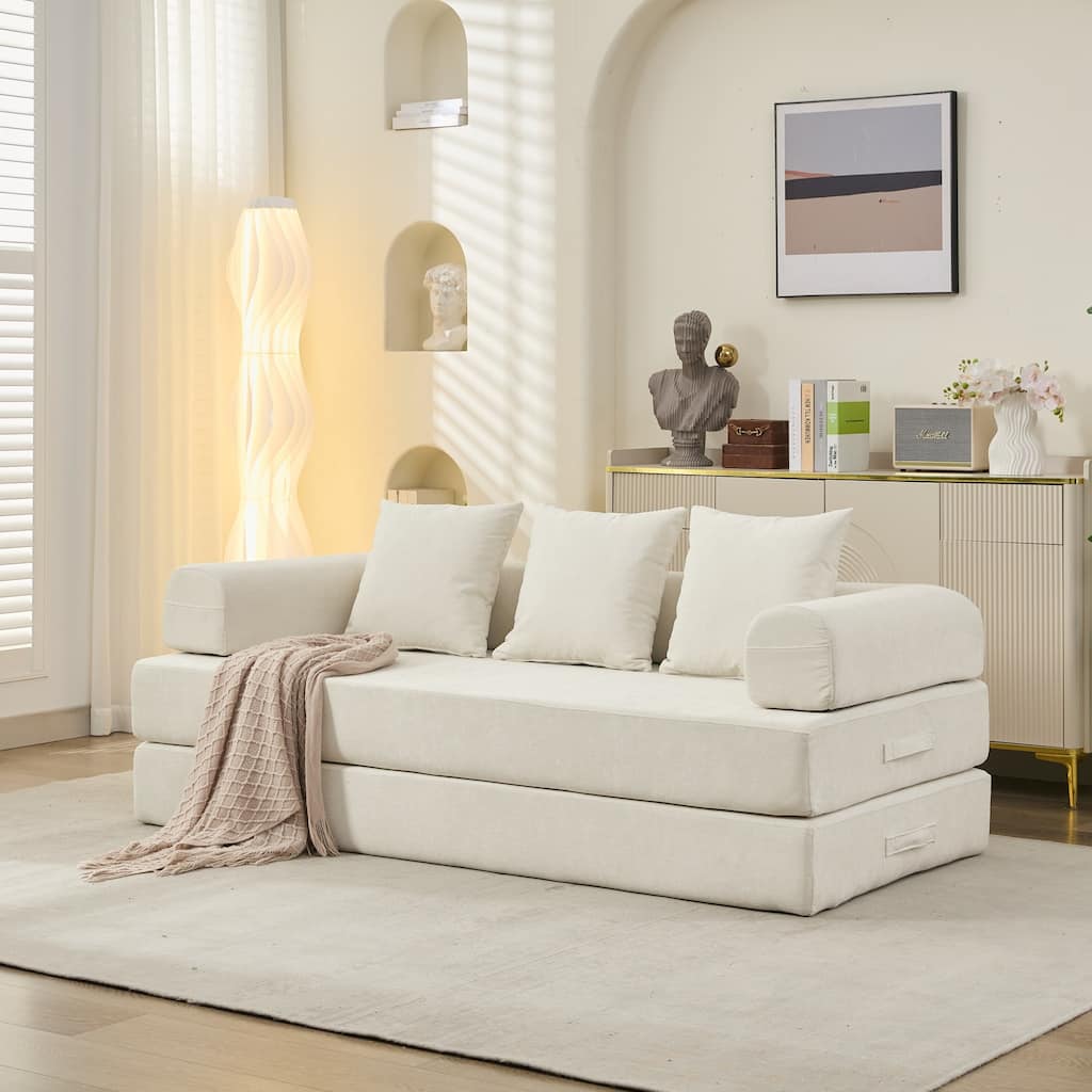 Roomfitters Convertible Folding Mattress Couch, Chenille Floor Sofa Bed with Armrest and Pillows, Lounge Couch