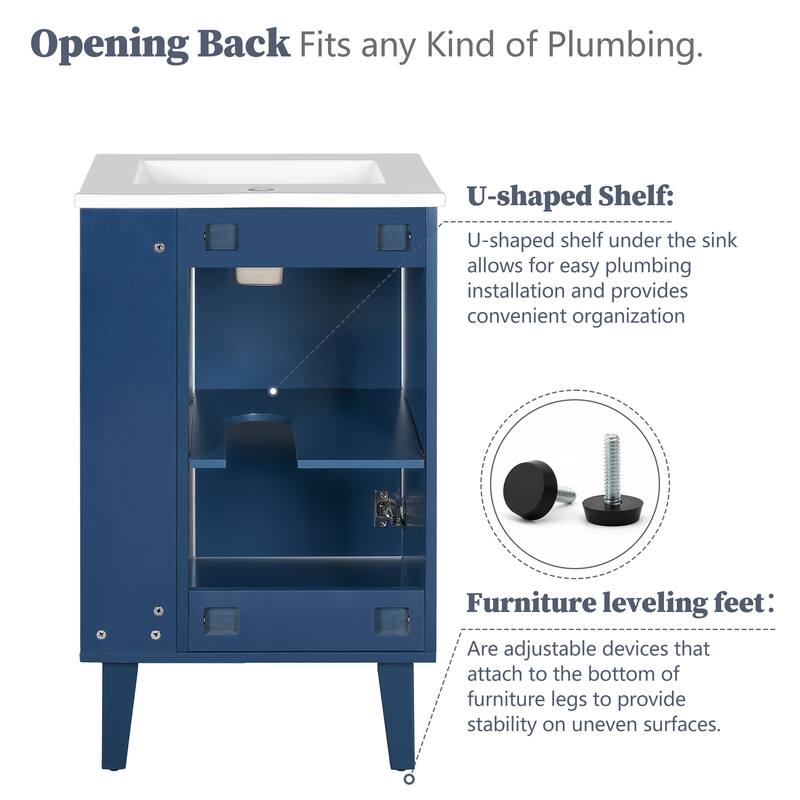 20" Freestanding Bathroom Vanity with Ceramic Sink, Soft-Close Door and Half-Moon Pull, French Style Cabinet