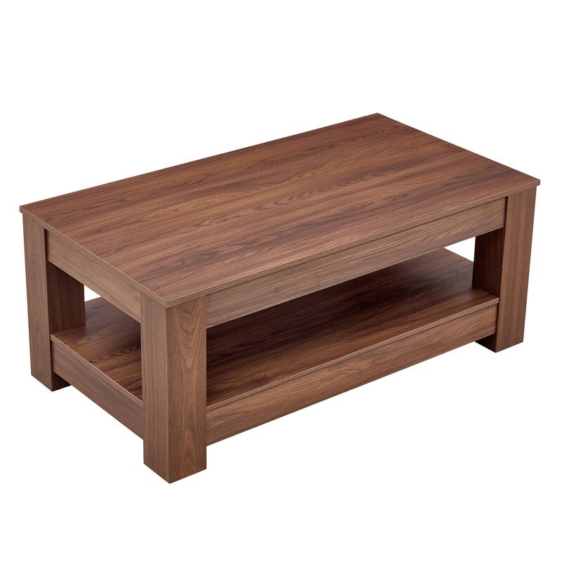 A modern and practical coffee table. The double layered coffee table is made of MDF material