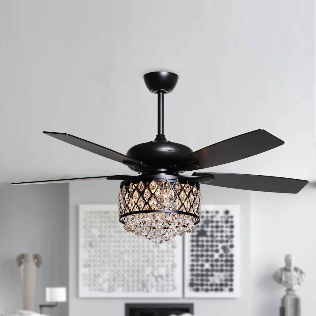 52" Indoor Black Crystal Chandelier Ceiling Fan With Light and Remote - 52"W x 52"D x 17"H