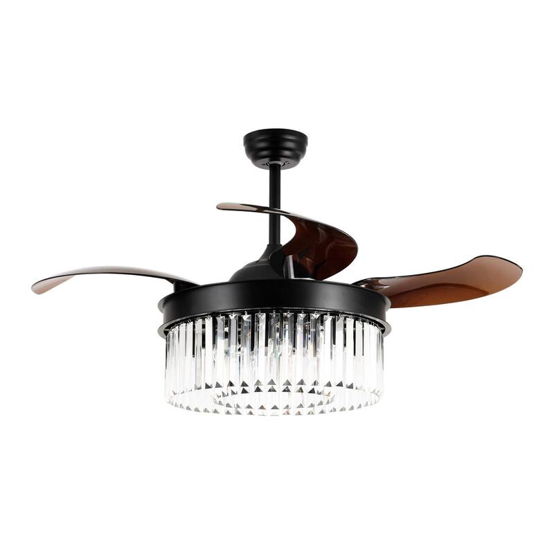 Modern 42" Black Crystal Retractable Ceiling Fan with Light Kit and Remote Control - 42 inches D x 14.5 inches H