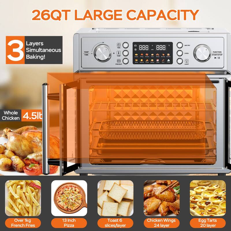 26QT Large Capacity French Double-Door Air Fryer Convection Toaster Oven, 1700W, 14 Preset Menus, 7-in-1 Multi-Function