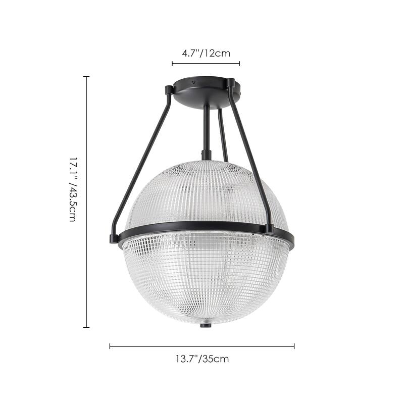3-Light Mid-Century Modern Grid Textured Glass Globe Bubble Semi-Flush Mount Light for Dining Room - 13.7 in. W x 17.1 in. H