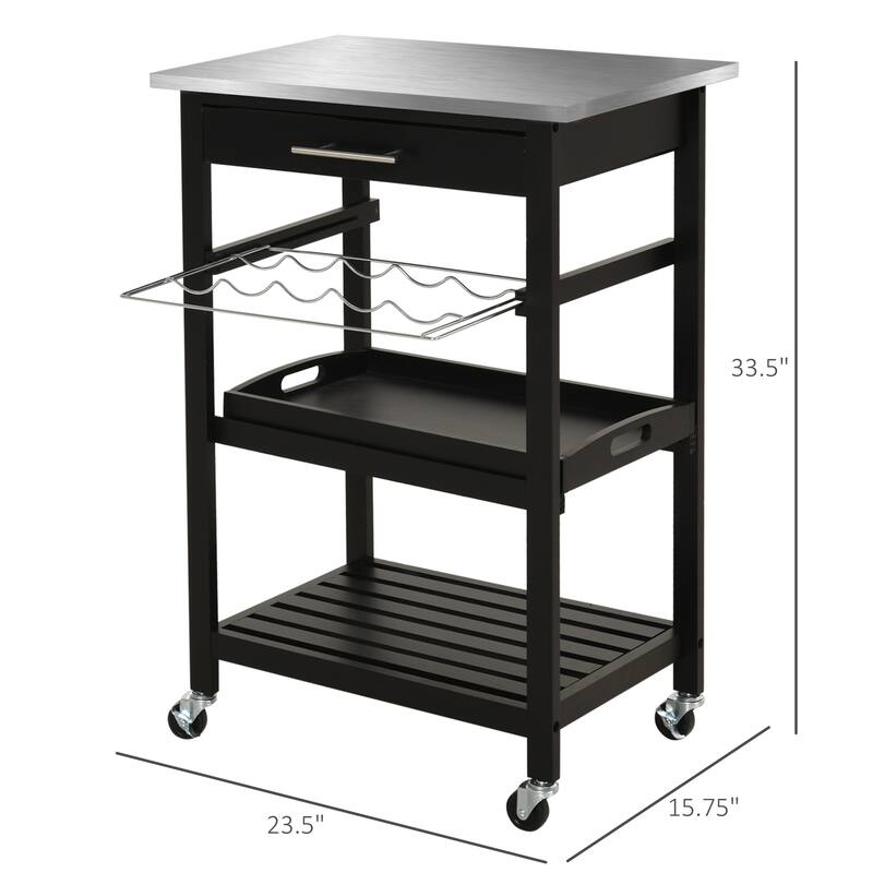 Mobile Stainless Steel Countertop Bar Cart with Wine Rack Storage Drawer and Lockable Wheels - 23.5" W x 15.75" D x 33.5" H