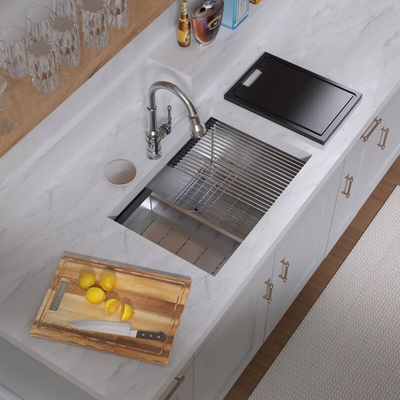 Whitehaus Undermount Single Bowl 16 Gauge Brushed Stainless Steel Workstation Sink With Accessories