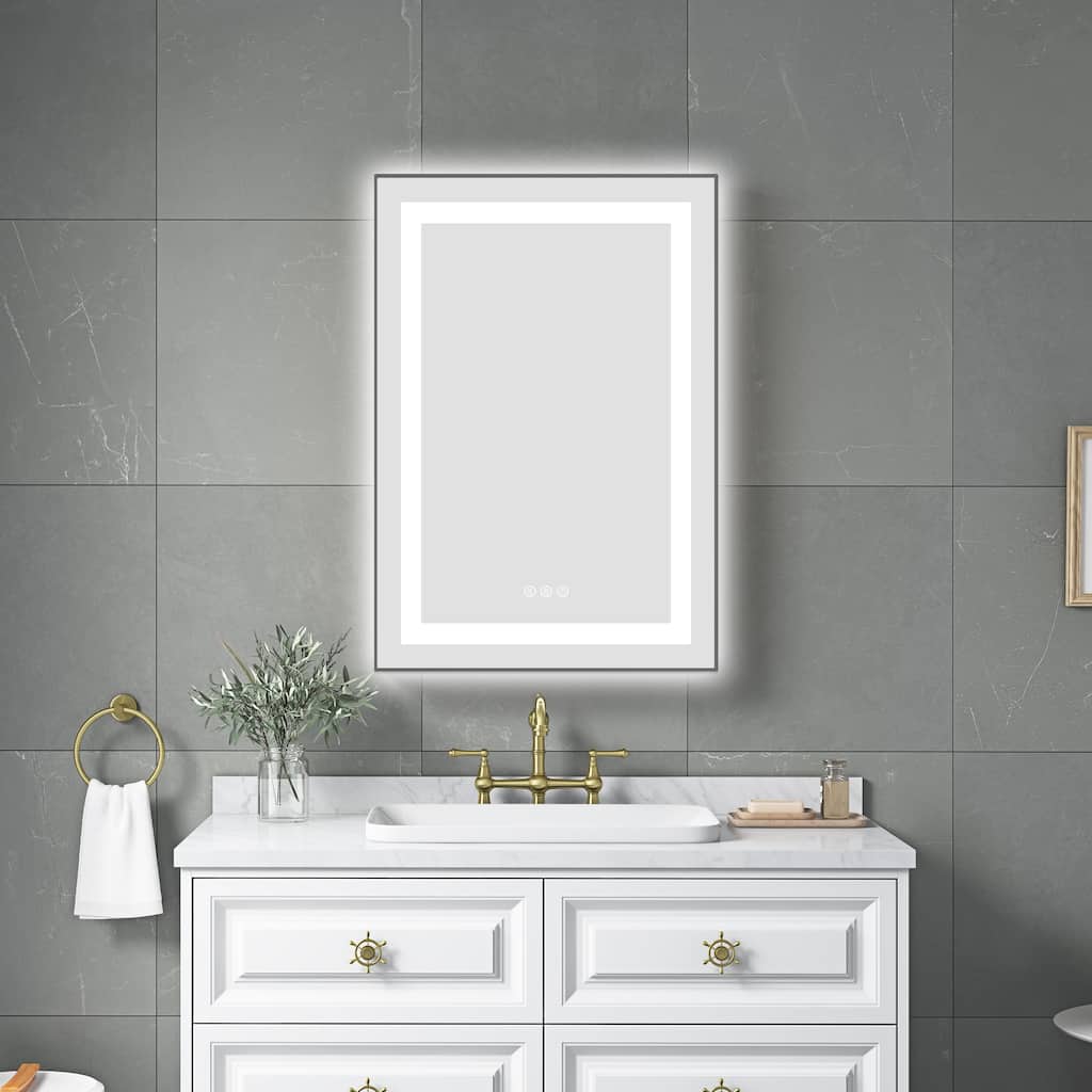 20 x 32 Inch LED Bathroom Mirror with Front and Backlight, Wall Mounted Vanity Mirror with Aluminum Frame, Anti-Fog